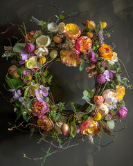 Easter wreath made of colorful flowers and eggs on dark background - 764296799