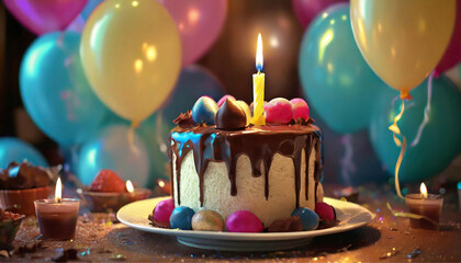 Um bolo de aniversário, cobertura de chocolate, com vela acesa e balões coloridos ao fundo.  - obrazy, fototapety, plakaty