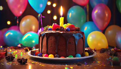Um bolo de aniversário, cobertura de chocolate, com vela acesa e balões coloridos ao fundo.  - obrazy, fototapety, plakaty