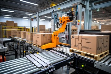 Inside Look at a Modern Warehouse: A Robotic Palletizer Arm Efficiently Stacks Boxes with Workers Supervising
