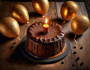 Um bolo de chocolate com uma vela acesa, sobre uma mesa decorada para festa, com balões dourados ao redor. - obrazy, fototapety, plakaty