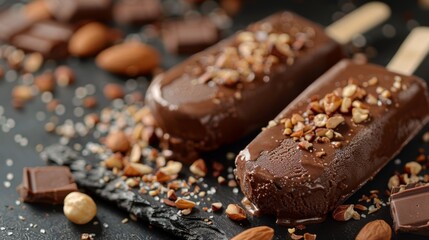 Delicious chocolate ice cream bars on a stick, dipped and garnished with nuts