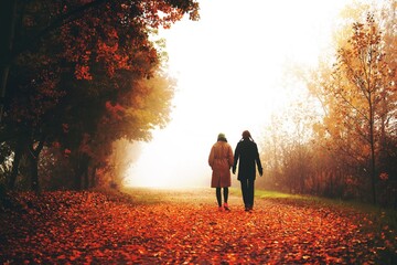 Autumn concept. Two people, dressed very casually, walk close together, on a path in the woods covered with fallen leaves from the trees, around autumn colors. Friendship concept.Life concept. 
