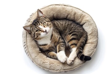 Cute cat lying on soft dog bed on white background