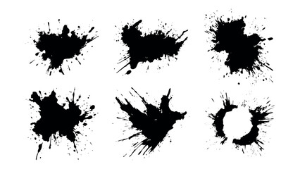 Set of black grunge splash isolated on white background. High quality manually traced. Grunge distress calligraphy ink stains. Black ink blow explosion. Splatter grunge set. Vector - obrazy, fototapety, plakaty