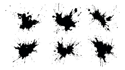 Set of black grunge splash isolated on white background. High quality manually traced. Grunge distress calligraphy ink stains. Black ink blow explosion. Splatter grunge set. Vector