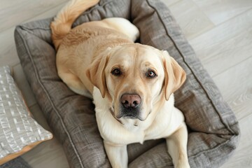 Top view of adorable labrador dog lying on soft dog bed in home interior