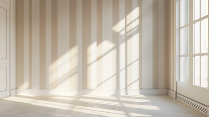 Wide shot of a room with walls decorated in elegant vertical stripes, with natural light from a window
