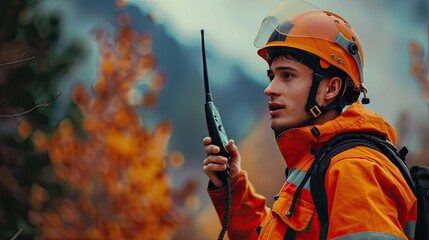 A firefighter in an orange helmet and uniform holds a walkie-talkie in his hand and talks to someone on it. He has blue eyes. The background is a blurry view of the forest and mountains.