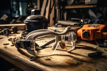 Safety goggles prominently placed among various workshop tools on an old wooden workbench - obrazy, fototapety, plakaty