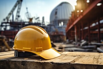 Safety First: A Vivid Yellow Hard Hat Positioned on a Rough Wooden Surface with an Industrial Scene Unfolding Behind