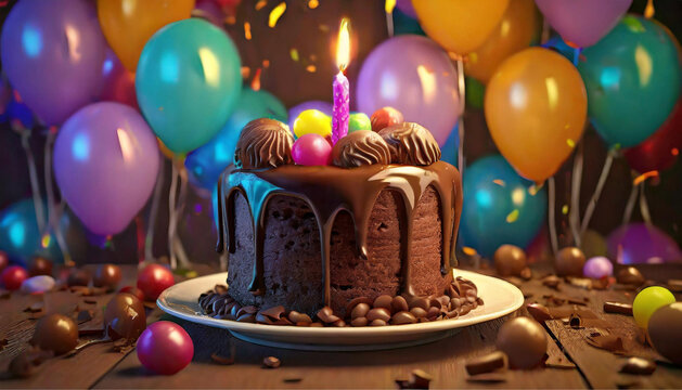 Um bolo de chocolate com cobertura e uma vela acesa, com balões coloridos ao fundo. Mesa decorada para festa.