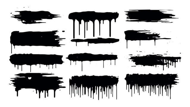 Paint roller, brush stroke distress overlay texture set. Dirty isolated basis. Grunge design element Artistic messy banner background collection. Vector the free brush trail is black 
