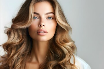 Naklejka premium Woman with Balayage Hairstyle Against White Background. Concept Hair Color, Balayage, Hairstyle, White Background, Woman