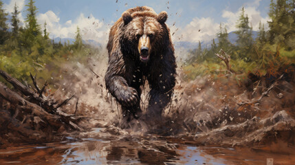 Running brown bear in mud wild nature background. - obrazy, fototapety, plakaty