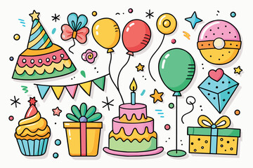 Birthday doodle icon element. Hand drawn sketch doodle birthday cake, balloon, event decoration element. Party, carnival celebration concept background. Vector illustration