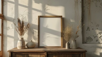 Rustic wood framed layout on an old wooden sideboard, decorated with dried and green plants and vases, against a minimalist wall in earthy tones. Sunlight creates a cozy atmosphere.