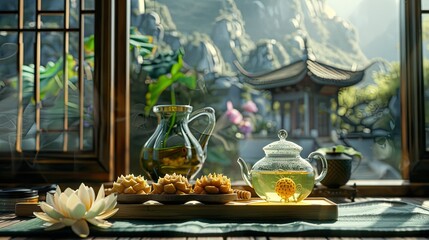 A set of green tea with small round lotus seed pastries placed on the dining table in front of an antique window, filled with golden honey and purple dragon fruit sauce.