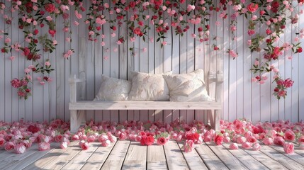 Wall background with floor, wall covered with roses and pink flowers, gray wooden slats, wooden bench with cushions, Wall and floor background, wall covered with roses and pink flowers. - obrazy, fototapety, plakaty