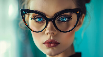 Striking blue eyes behind large black glasses