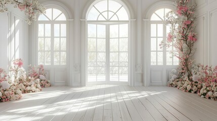White room with arched windows, decorated with floral arrangements and delicate pink flowers in a romantic style. Light wood planks covering the floor create warm tones.