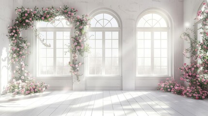White room with arched windows, decorated with floral arrangements and delicate pink flowers in a romantic style. Light wood planks covering the floor create warm tones.