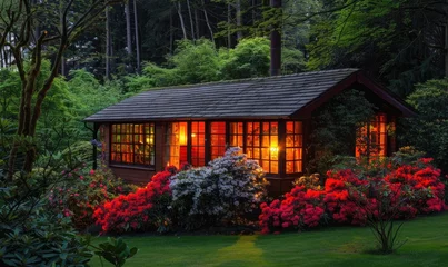 Foto op Canvas Evening glow illuminating the facade of a stylish wooden cabin nestled among blooming azaleas and rhododendrons in a spring garden © TheoTheWizard