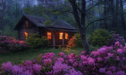 Abwaschbare Fototapete Evening glow illuminating the facade of a stylish wooden cabin nestled among blooming azaleas and rhododendrons in a spring garden © TheoTheWizard