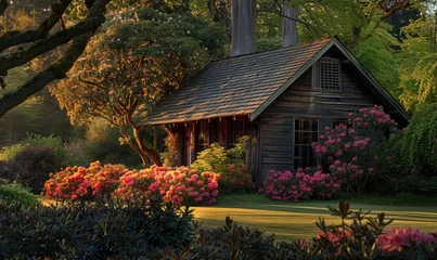 Fototapeten Evening glow illuminating the facade of a stylish wooden cabin nestled among blooming azaleas and rhododendrons in a spring garden © TheoTheWizard