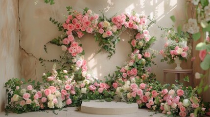 Heart shaped arch with flowers and greenery, vintage photo studio wall backdrop with floor stand in front of the arch decorated with pink roses, flowers on the ground.