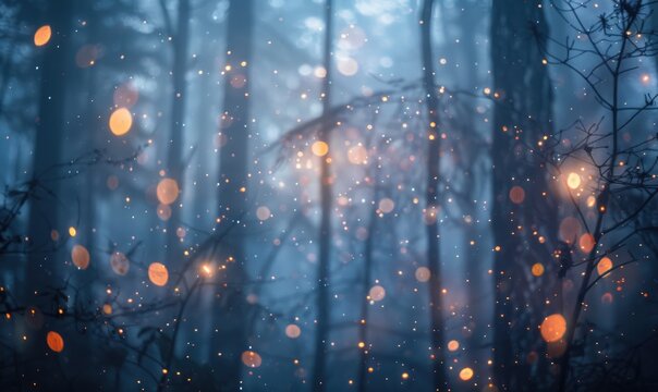 Ethereal bokeh lights diffusing through mist in a mystical woodland, nature background