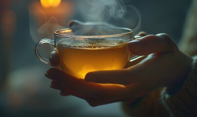 Hands holding a cup of steaming tea, close up view - obrazy, fototapety, plakaty