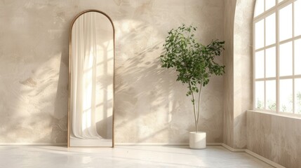Minimalist modern light wood mirror standing against an empty wall with an arched window, with...