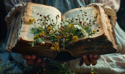 Hands holding an open old book with wildflowers blooming from its pages, closeup view