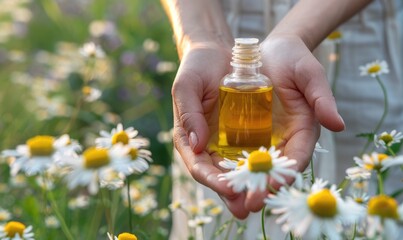 Hands holding bottle of chamomile essential oil, organic cosmetic, beauty in nature, closeup view - obrazy, fototapety, plakaty