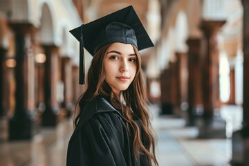 Happy female graduate student in graduation gown and cap standing on a college campus
