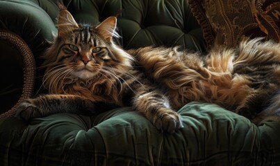 Majestic Maine Coon cat lounging on a plush velvet cushion