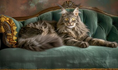 Majestic Maine Coon cat lounging on a plush velvet cushion - Powered by Adobe
