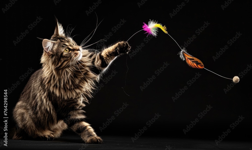 Wall mural maine coon cat playfully batting at a feather toy in a studio setup