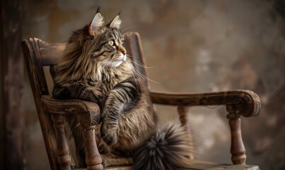 Maine Coon cat perched gracefully on a vintage wooden chair - Powered by Adobe