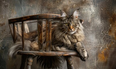Maine Coon cat perched gracefully on a vintage wooden chair - Powered by Adobe