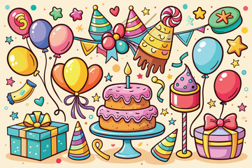 Birthday doodle icon element. Hand drawn sketch doodle birthday cake, balloon, event decoration element. Party, carnival celebration concept background. Vector illustration