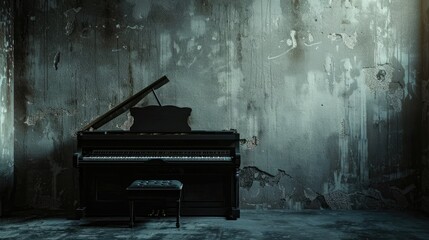 A black piano stands against a background of an empty gray wall. There is a small stool next to him, and light falls on its surface from above. The walls are rough and old. - obrazy, fototapety, plakaty