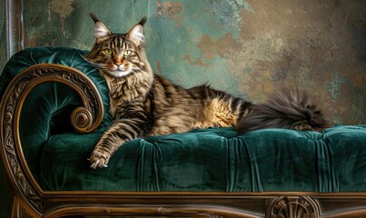 Maine Coon cat posing elegantly on a velvet chaise lounge