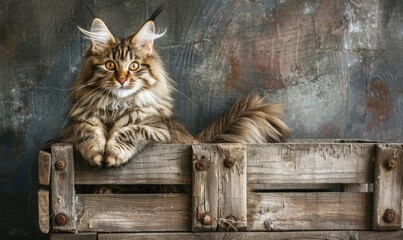Maine Coon cat sitting proudly atop a rustic wooden crate