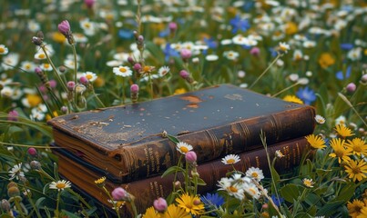 Old book lying on a grassy knoll surrounded by wildflowers