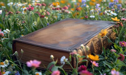 Old book lying on a grassy knoll surrounded by wildflowers