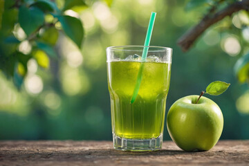 Refreshing green apple juice in a beautiful green bokeh background with plenty of space for text. Concept of health and wellness