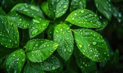 Raindrops on fresh green leaves, close up view of spring green leaves, nature background