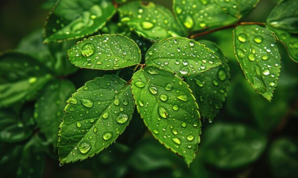Raindrops on fresh green leaves, close up view of spring green leaves, nature background